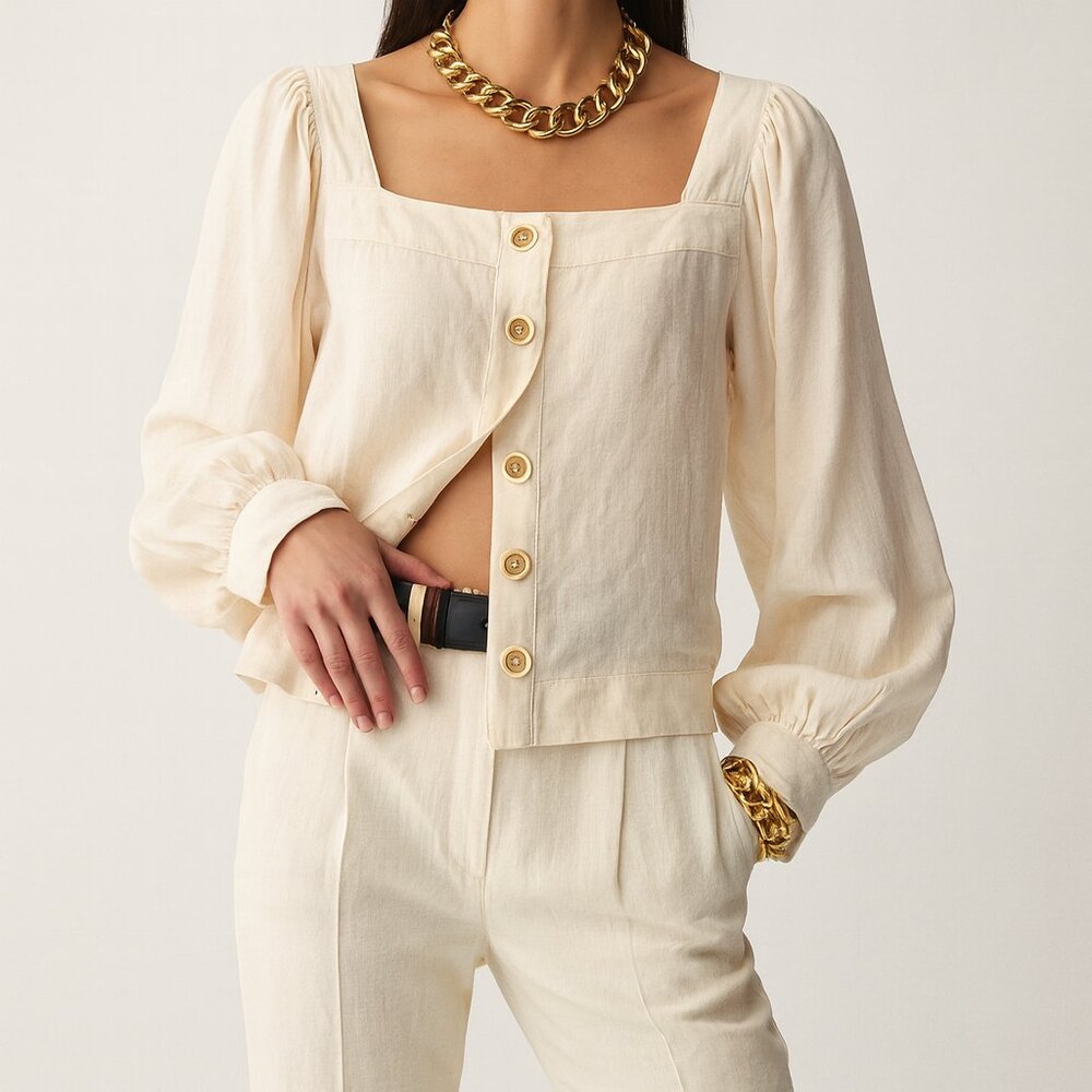 J. CREW Squareneck Button-Front 100% Linen Top Baloon‎ Sleeve in Palest Peach